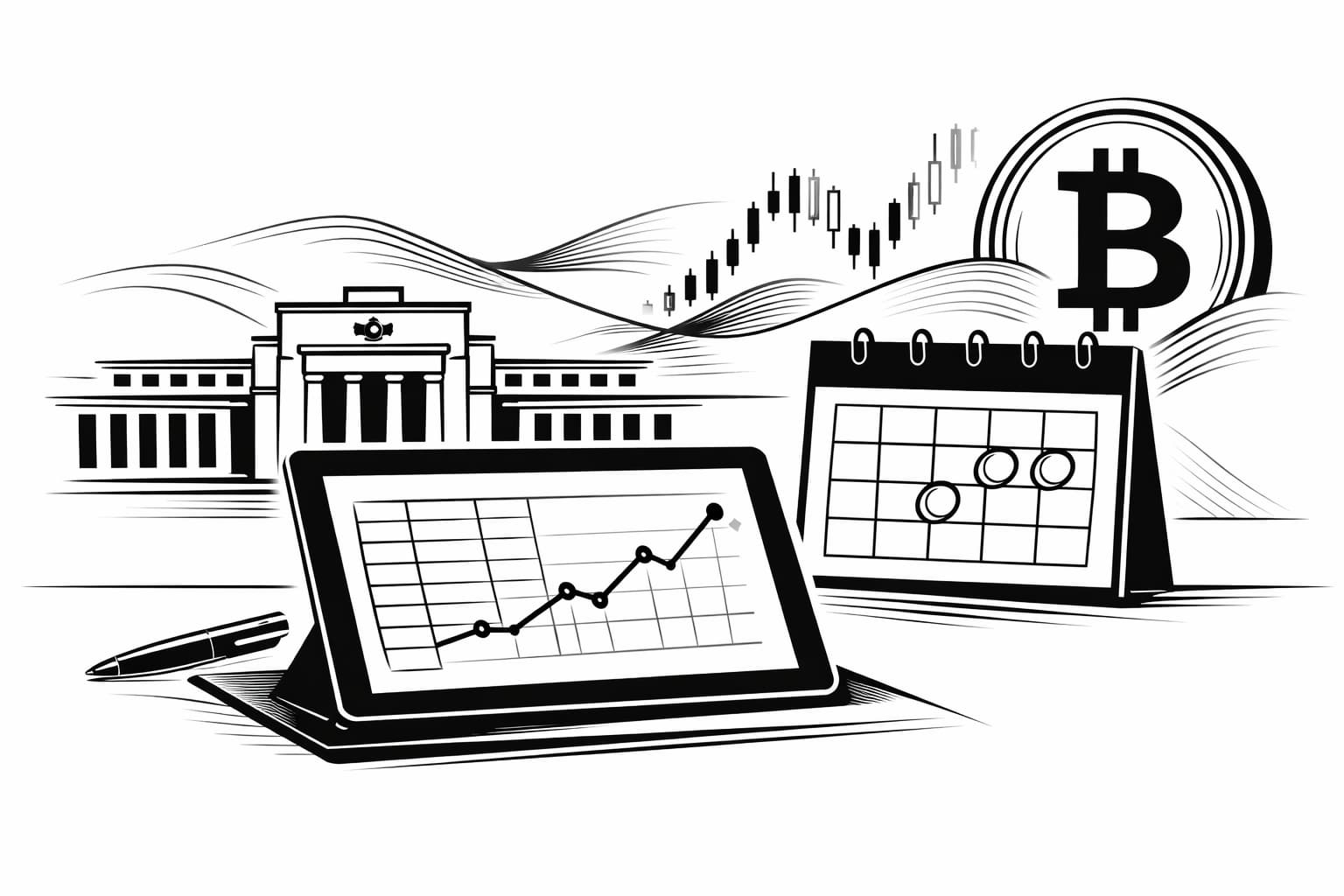 Timeline illustration linking FOMC decisions to Bitcoin price moves on a chart