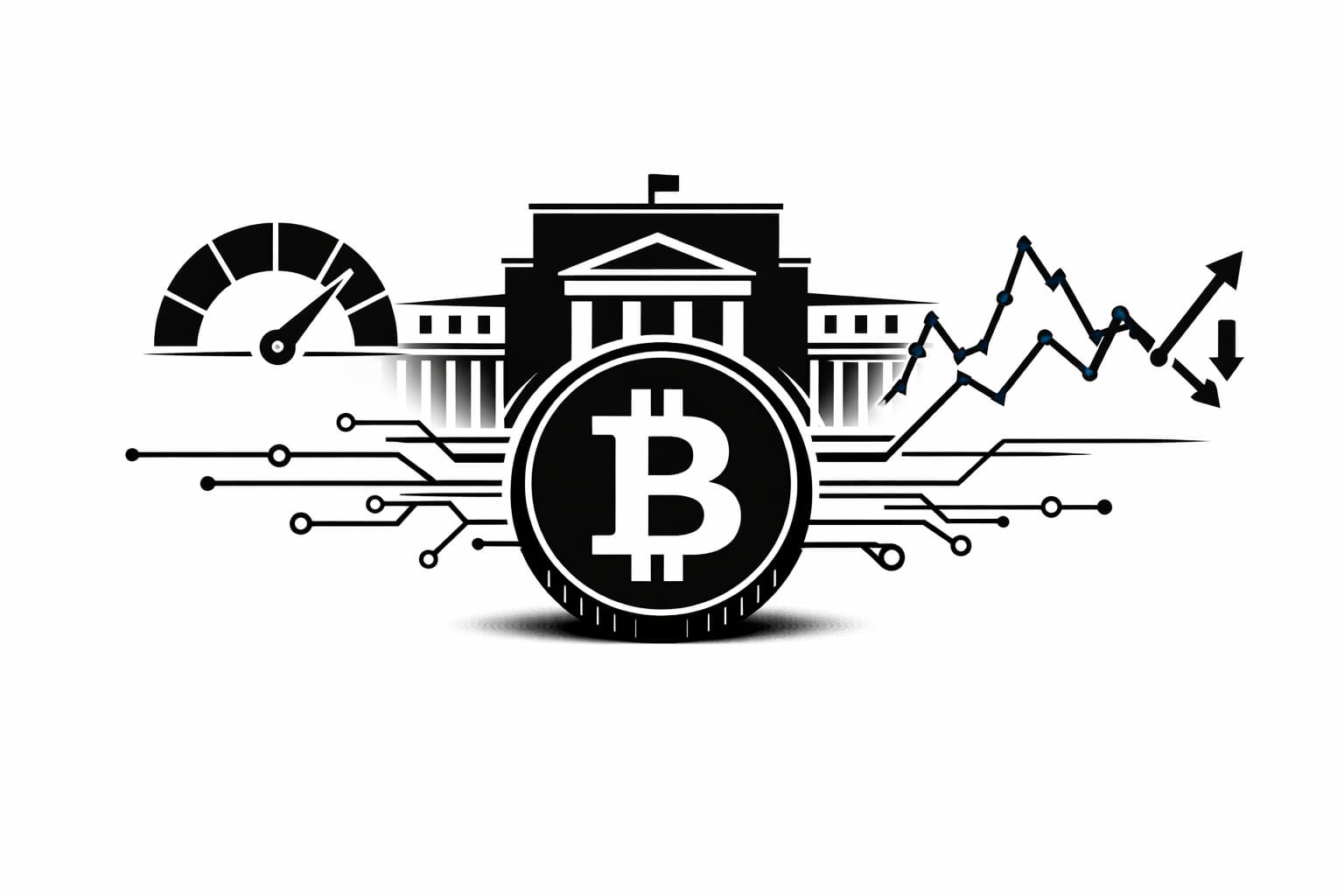 Bitcoin symbol linked to Federal Reserve icon with abstract rate and volatility cues