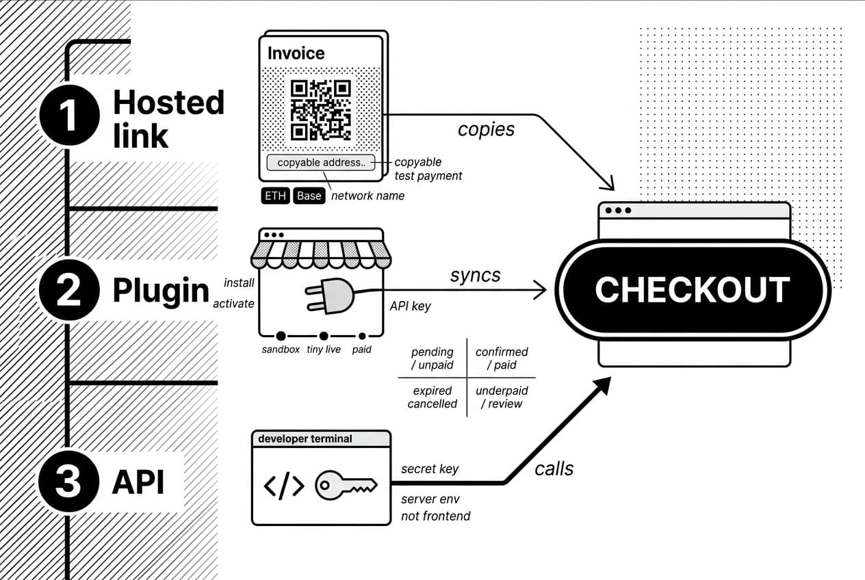 Infographic showing Ethereum checkout routes: hosted link, plugin, API, ETH on Base