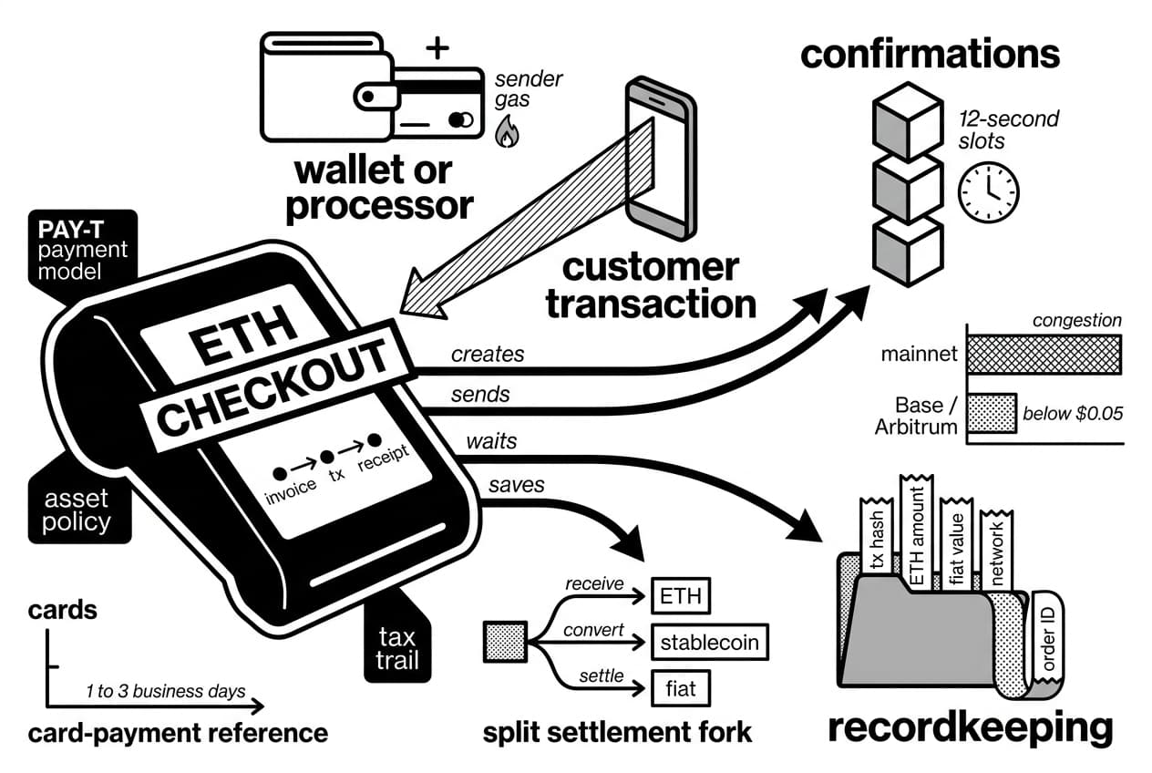 Monochrome Ethereum merchant checkout flow showing ETH confirmations, records, and Base / Arbitrum costs
