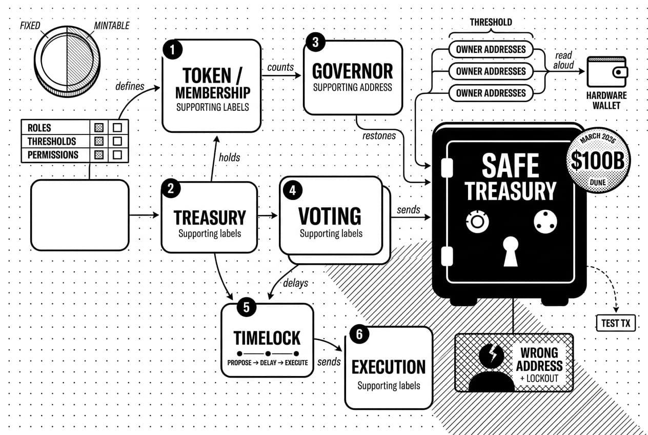 DAO smart contract deployment flow with Safe treasury vault, voting cards, and DUNE badge