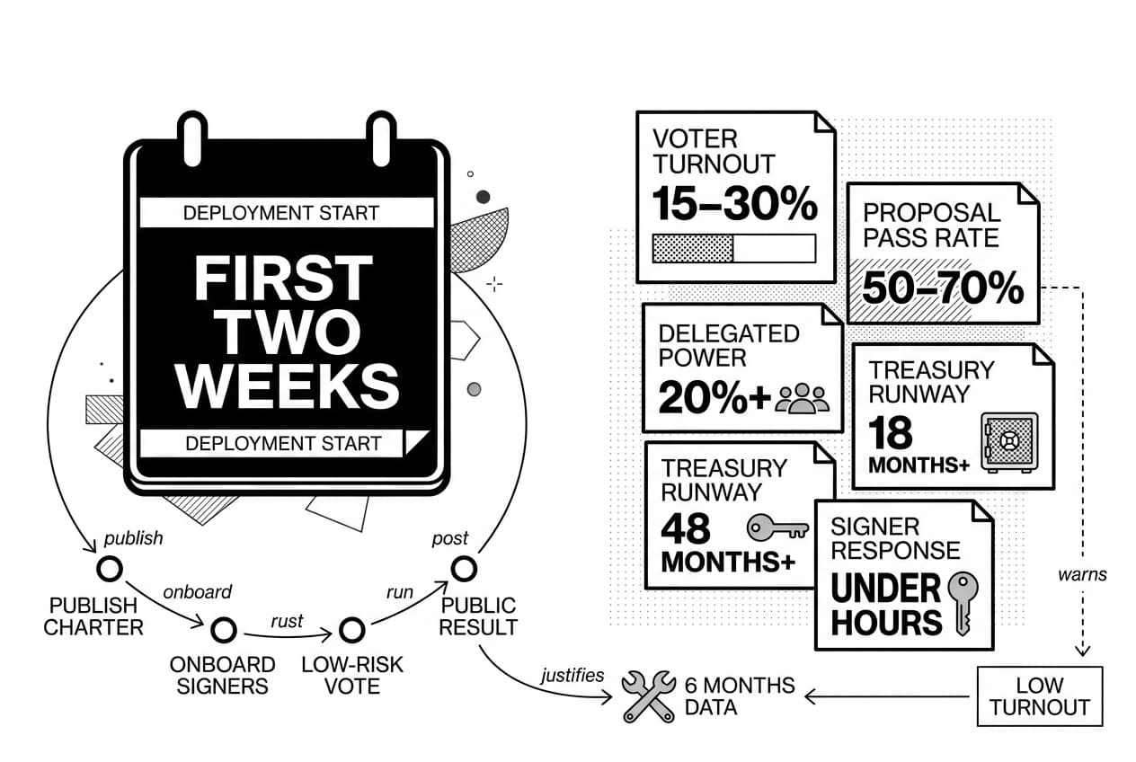 Monochrome DAO governance infographic showing first two weeks, metrics, warnings, and next steps.