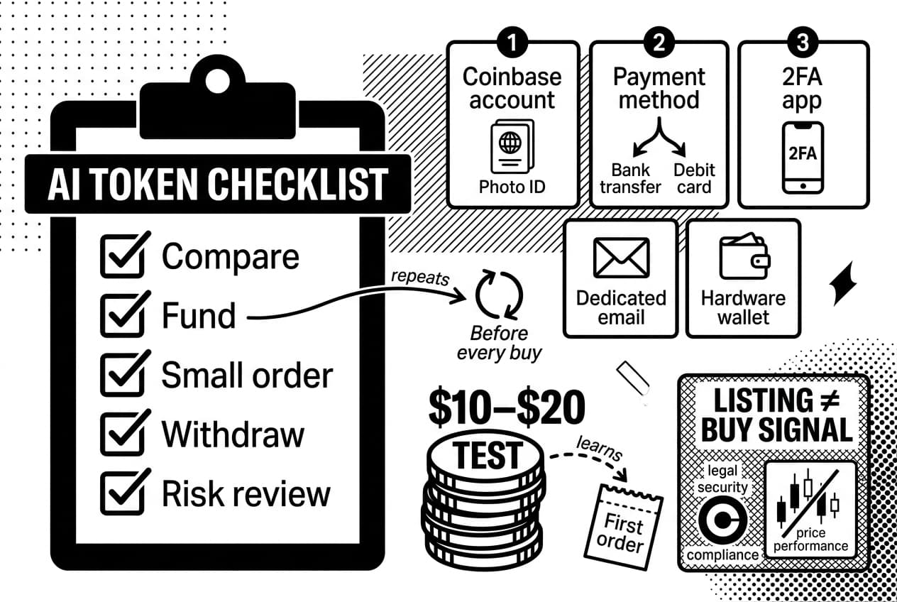 Coinbase AI token buying checklist with wallet setup, test order, and risk review
