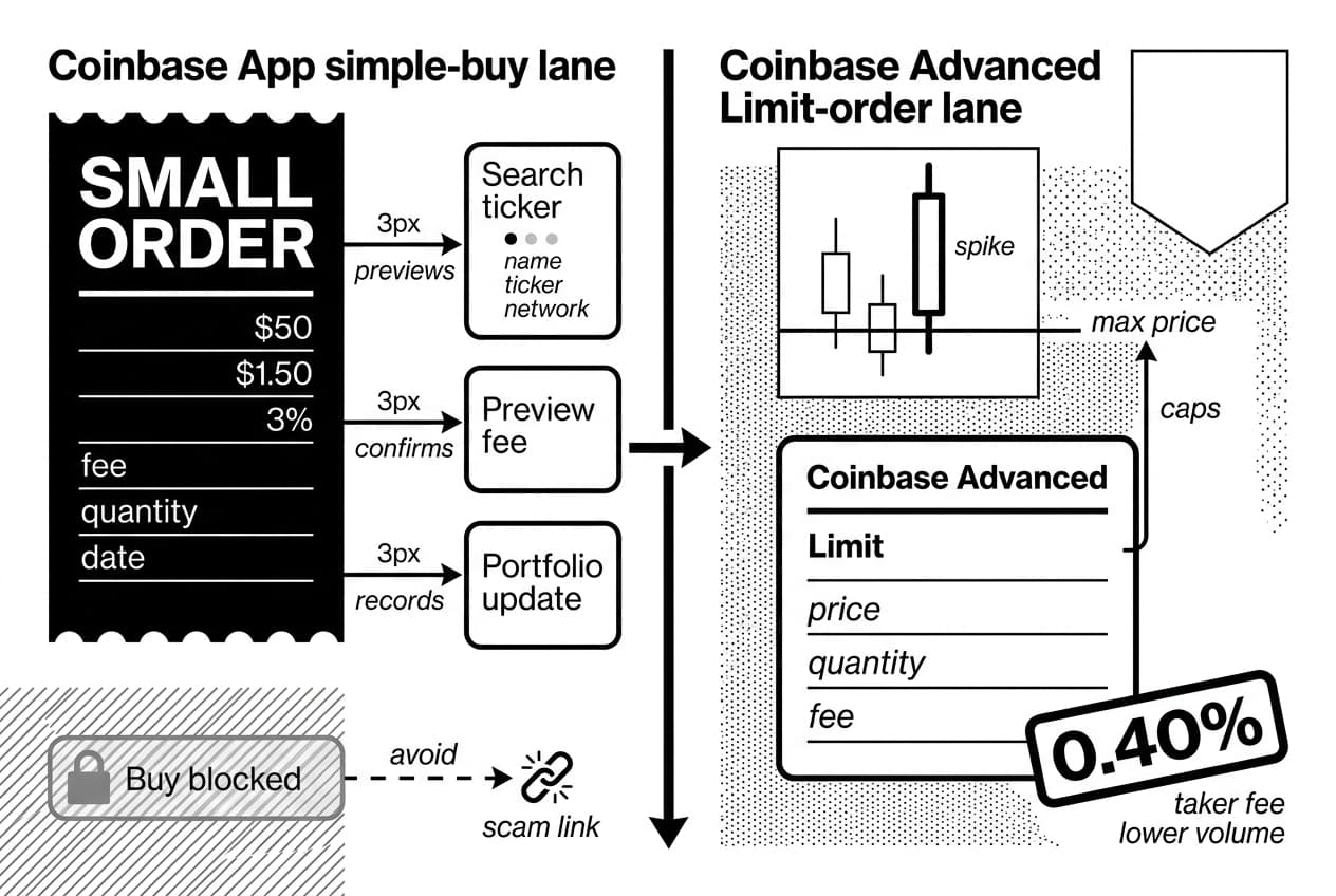 Infographic comparing Coinbase simple buy and Coinbase Advanced limit orders for AI tokens