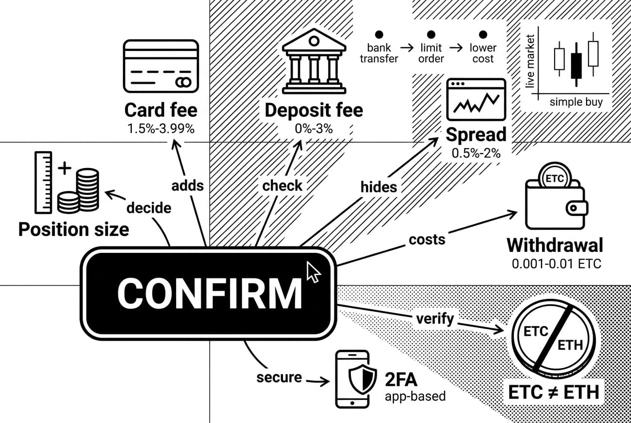 Ethereum Classic buying infographic showing CONFIRM button, fees, 2FA, and ETC ≠ ETH warning.