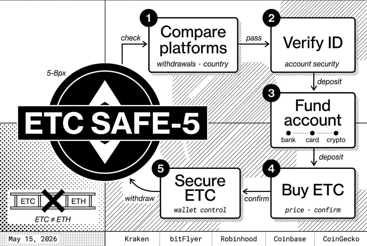 Monochrome ETC purchase infographic with ETH warning and Kraken, bitFlyer, Robinhood, Coinbase, CoinGecko sources.