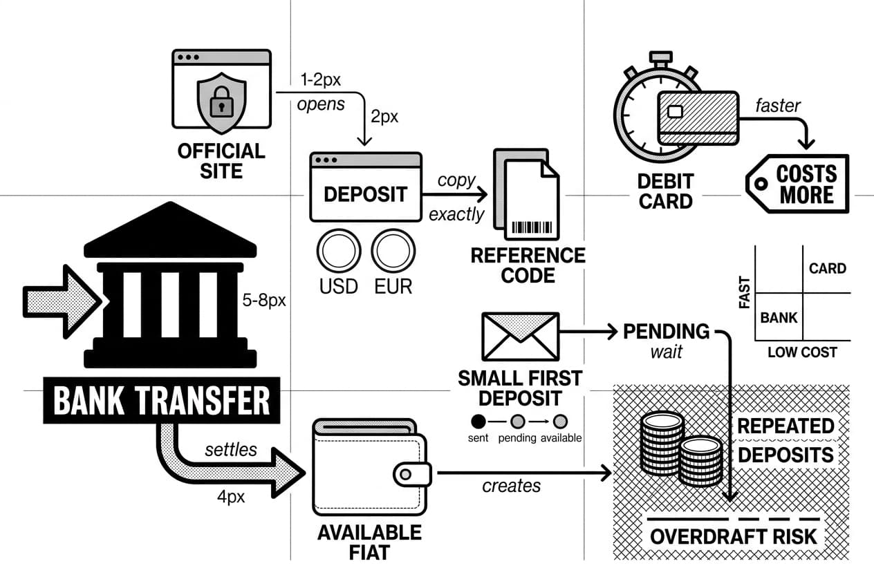 Infographic showing bank transfer funding flow to available fiat before buying ETH.