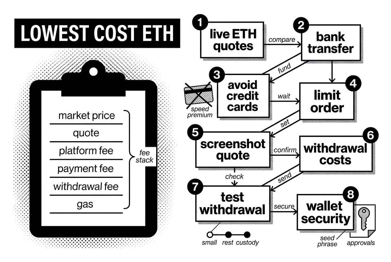 Monochrome checklist infographic showing low-cost ETH buying steps and the full fee stack