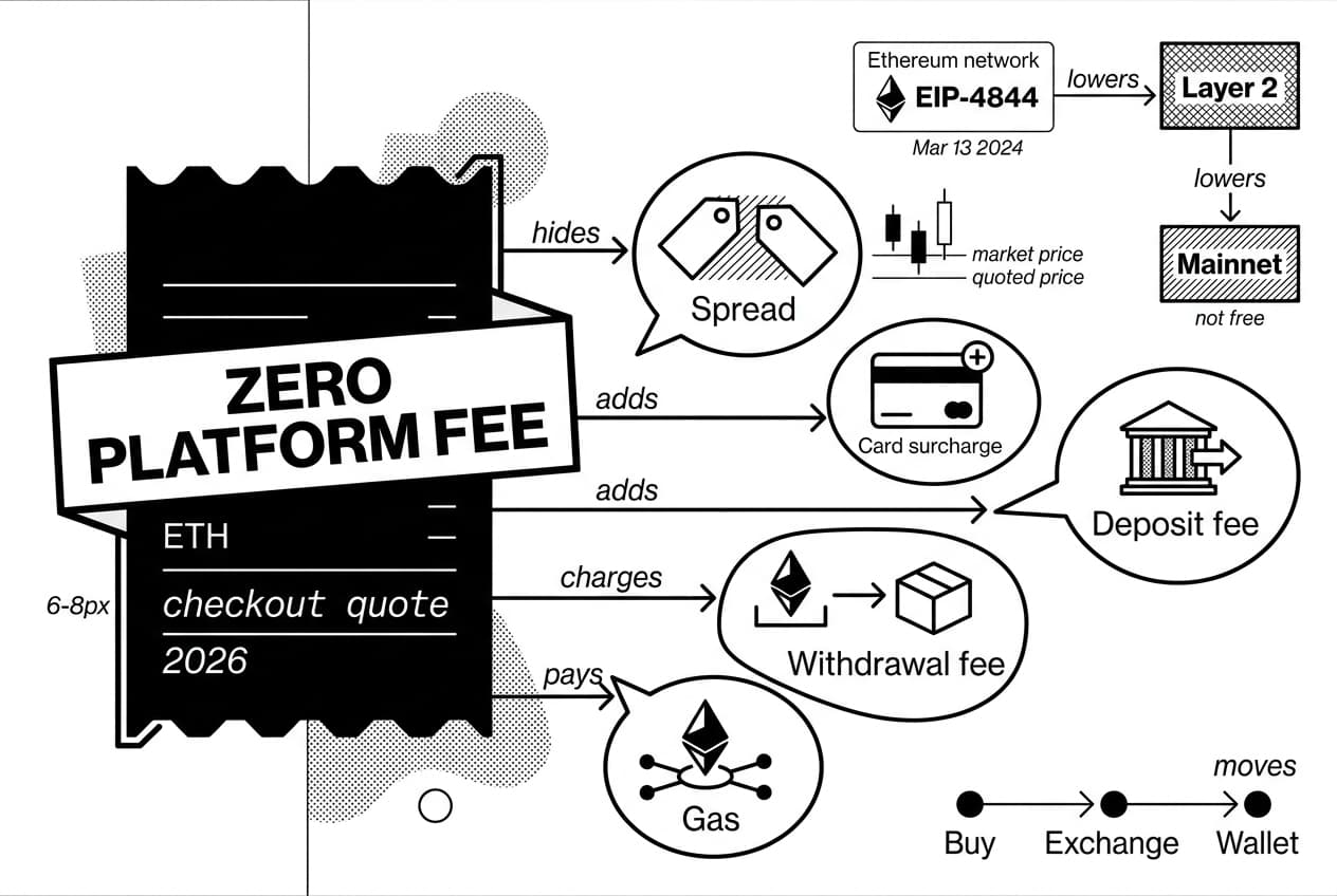 Monochrome Ethereum receipt infographic mapping ETH fee add-ons, EIP-4844, Layer 2, and Mainnet.