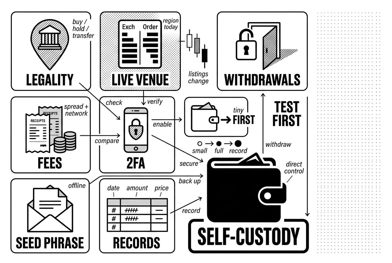 Checklist infographic showing privacy-coin buying steps, exchanges, fees, 2FA, and self-custody.