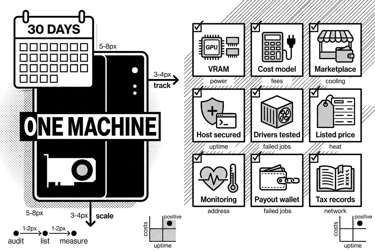 Monochrome dashboard showing one GPU host and checklist for contributing power to decentralized AI.