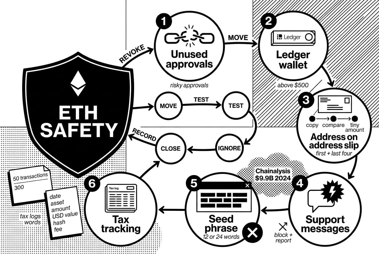 ETH safety infographic for earning Ethereum, showing Ledger wallet, Chainalysis warning, and tax tracking.