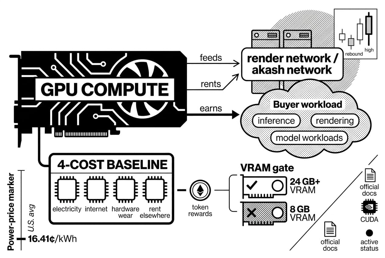 Earning from AI crypto infographic shows GPU compute feeding render network / akash network.