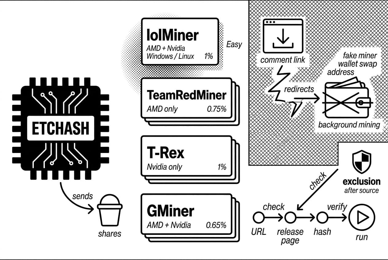 Ethereum Classic ETCHASH GPU infographic compares lolMiner, TeamRedMiner, T-Rex, GMiner and fake-download risks.