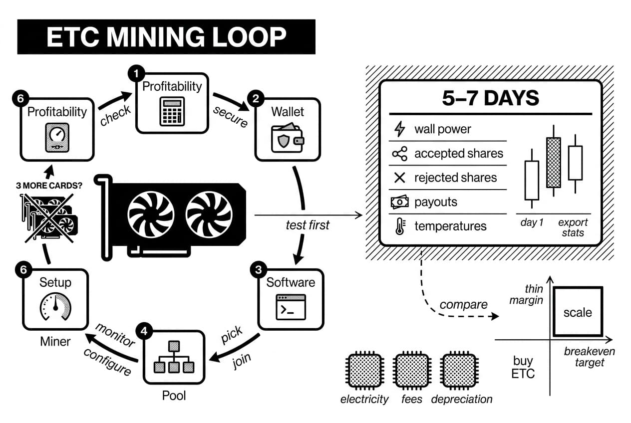 Monochrome ETC mining infographic showing GPU workflow, testing bay, and decision matrix.