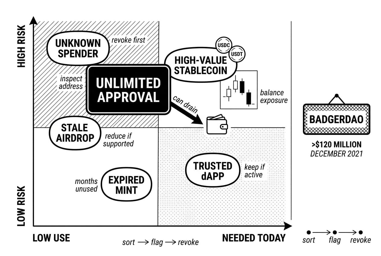 Risk quadrant for revoking token approvals highlights BADGERDAO, USDC/USDT exposure, and revoke-first items.