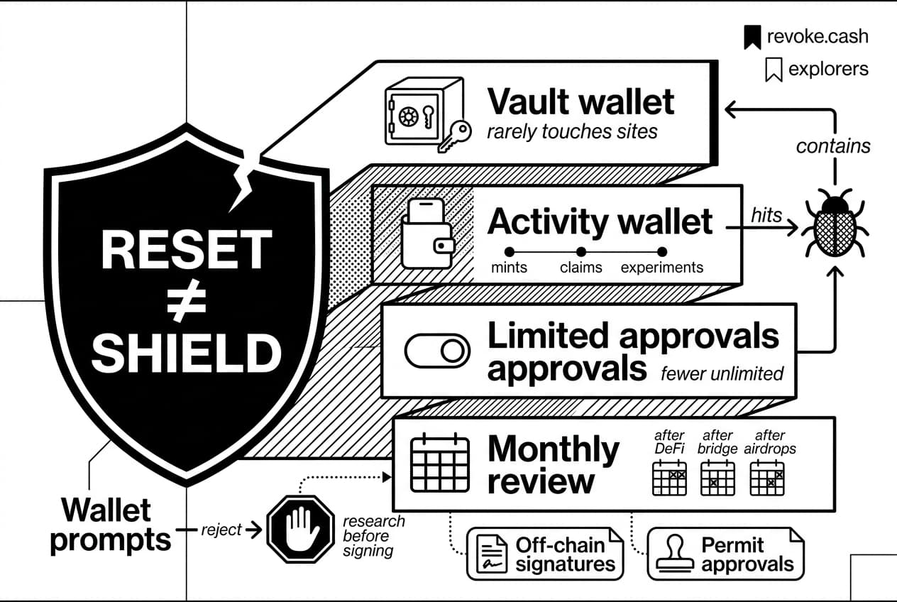 Cracked shield and layered wallets illustrate token approval security with revoke.cash bookmarks.