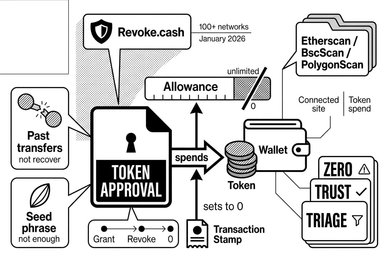 Monochrome token approval revocation diagram showing Revoke.cash, Etherscan / BscScan / PolygonScan, wallet, allowance, and zeroing.
