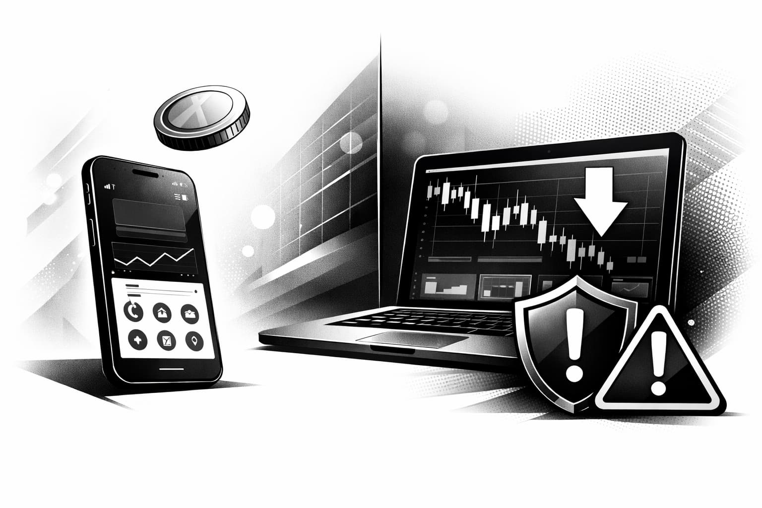 Illustration of selling crypto via exchange with caution symbols and secure devices