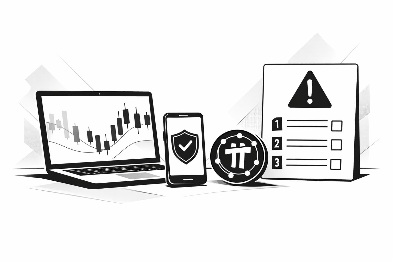 Illustration of selling Pi IOUs with warning icon, checklist, and trading screens