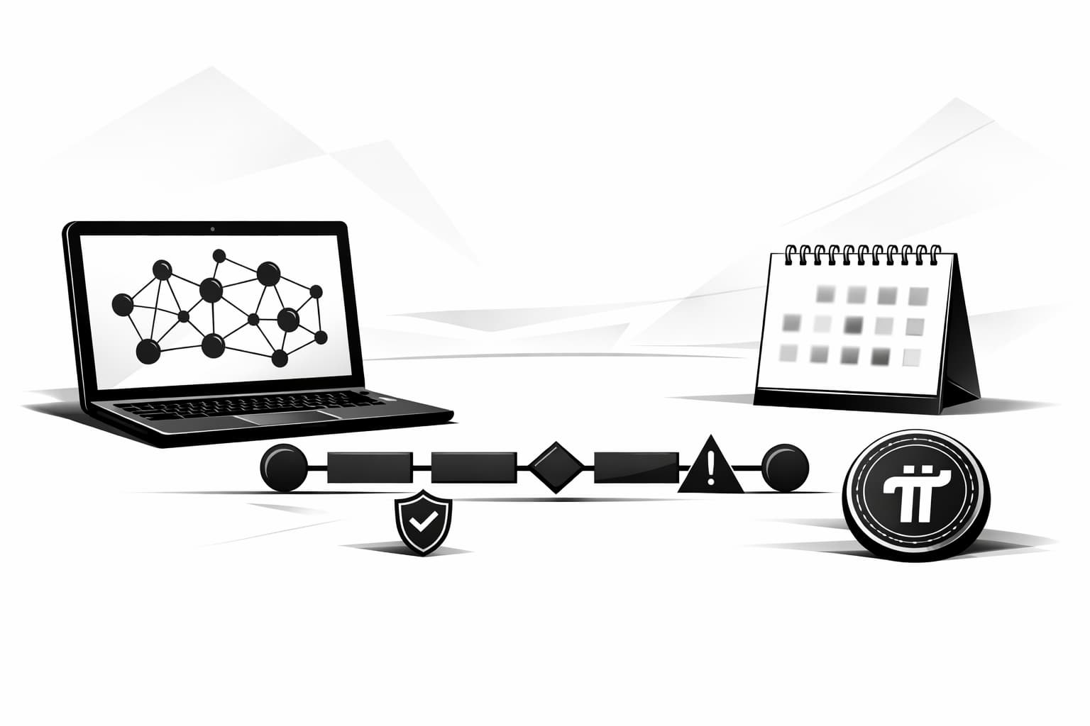 Illustration of Pi Network roadmap concept with timeline, calendar, and caution symbols