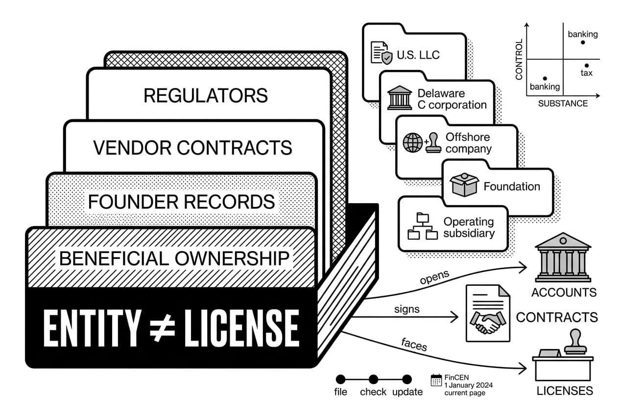 Governance stack for starting a crypto business with U.S. LLC, Delaware C corporation, and FinCEN.