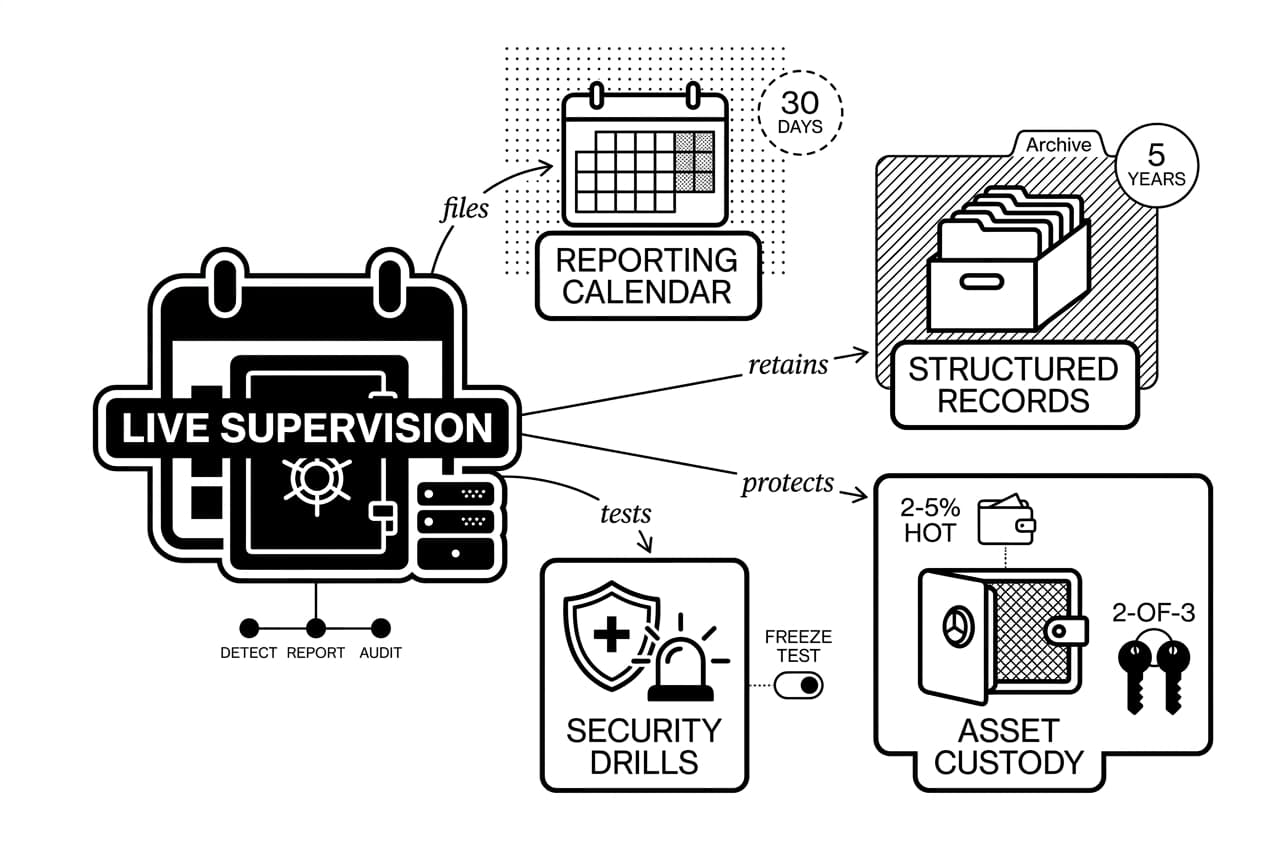 Monochrome diagram showing live supervision controls for crypto business license compliance launch.