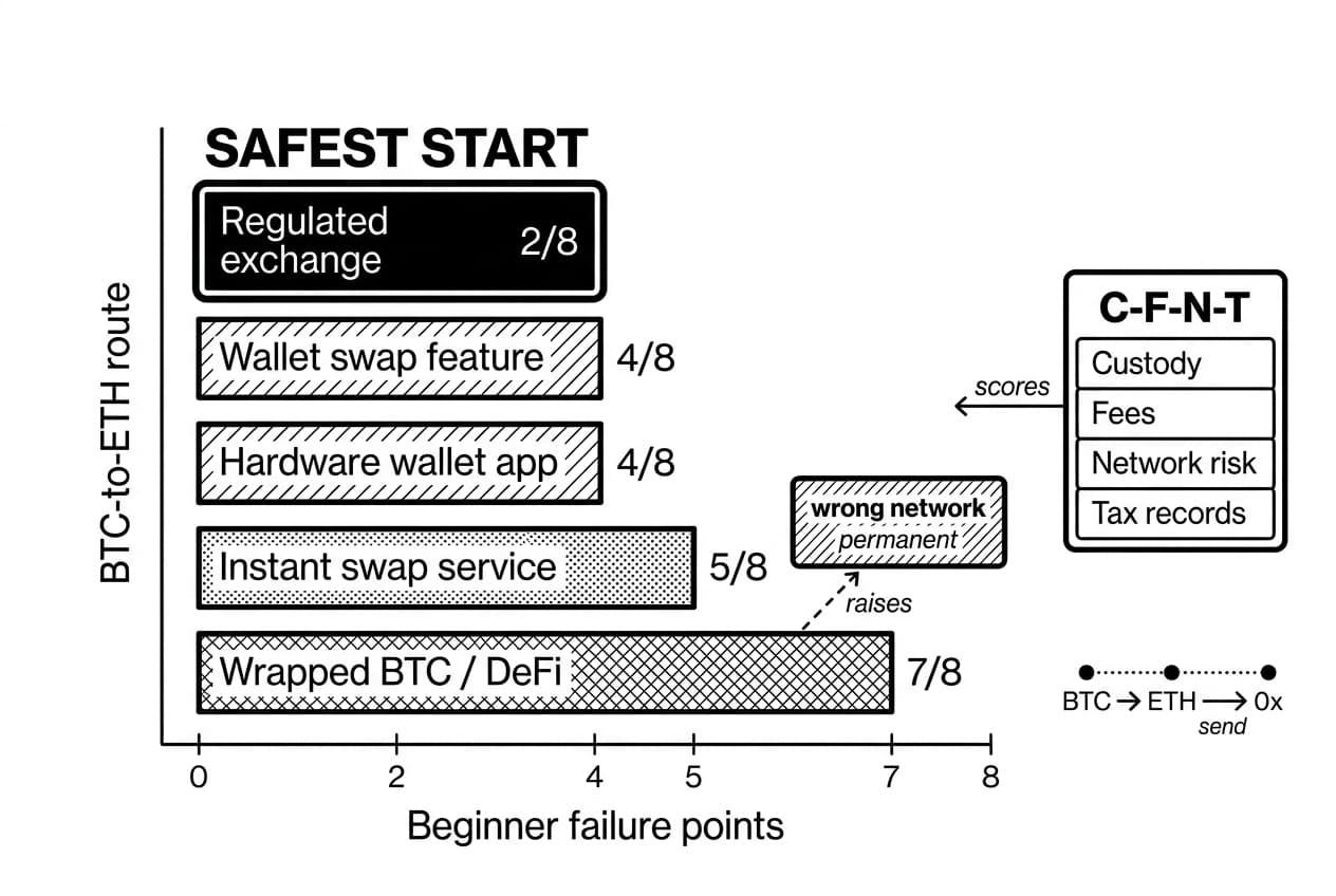 Bar chart compares BTC-to-ETH routes, with Wrapped BTC / DeFi and 0x risk.