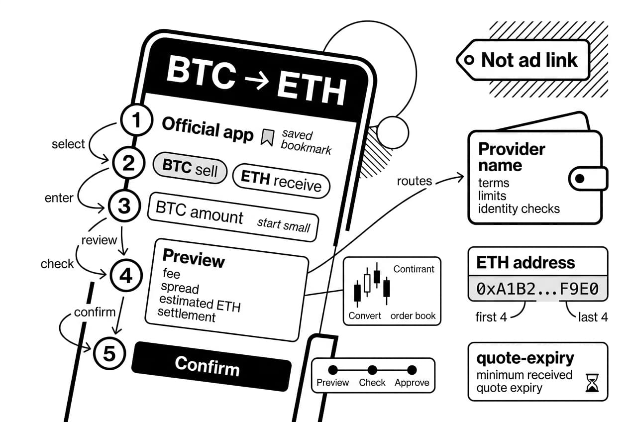 Monochrome BTC-to-ETH wallet screen infographic showing numbered swap setup and safety checks.