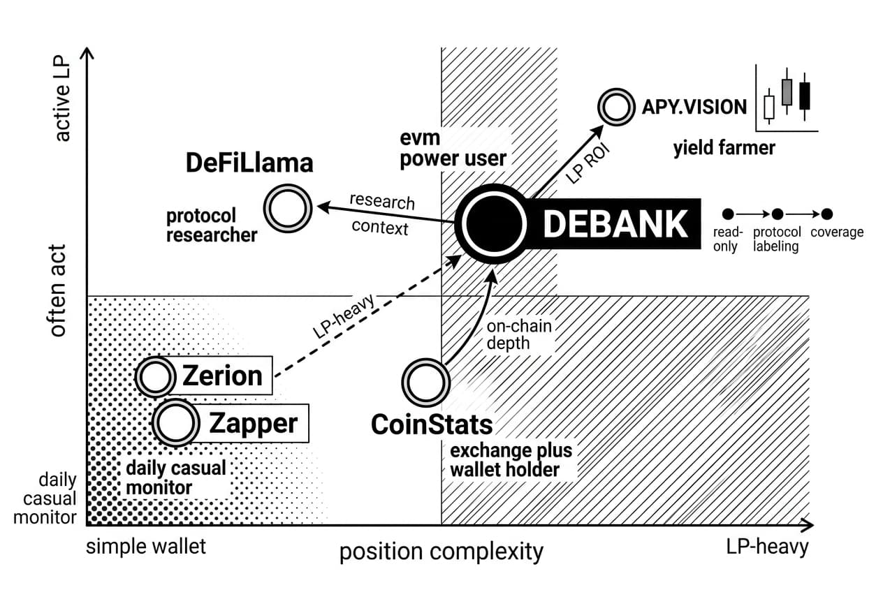 Recommendation matrix showing DEBANK, APY.VISION, DeFiLlama, Zerion, Zapper, and CoinStats DeFi portfolio dashboards.