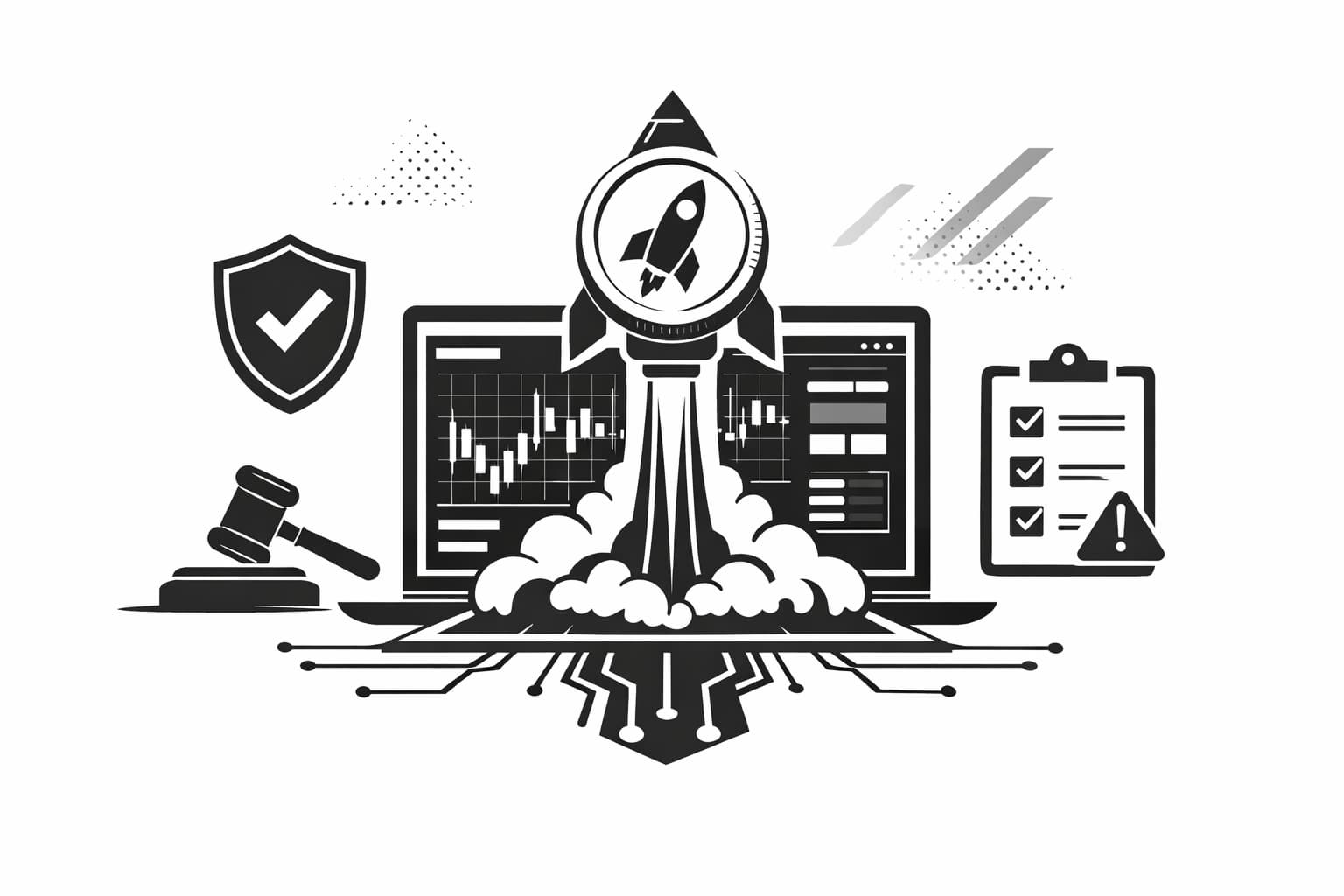 Illustration of a crypto exchange launching a token sale with security icons