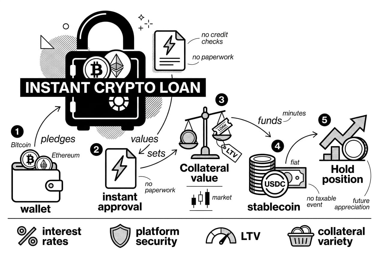 Monochrome infographic showing five-step instant crypto loan process with Bitcoin and Ethereum collateral.