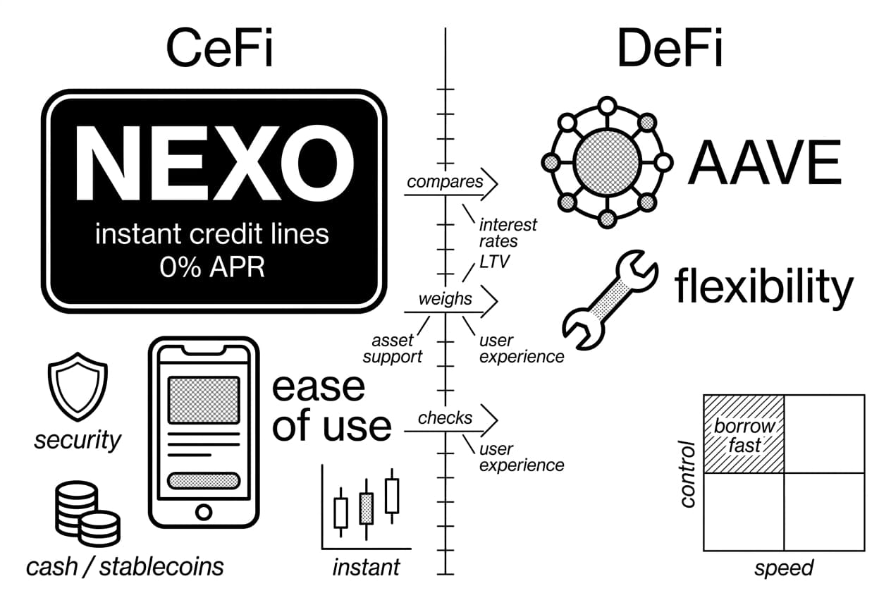 Monochrome CeFi vs DeFi instant crypto loans infographic with NEXO and AAVE icons.