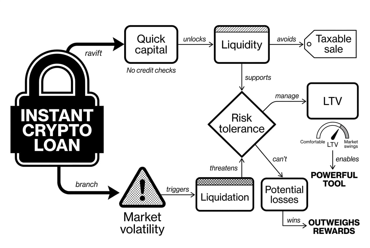 Monochrome flowchart showing instant crypto loan padlock, benefits, risks, and risk tolerance decision.