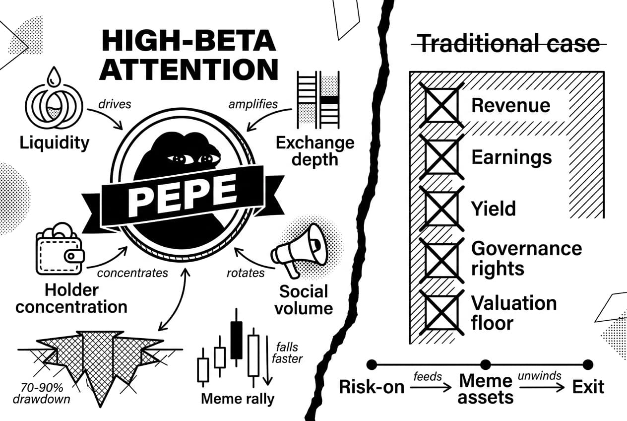 Monochrome Pepe Coin investment infographic comparing PEPE trading drivers with missing fundamentals.
