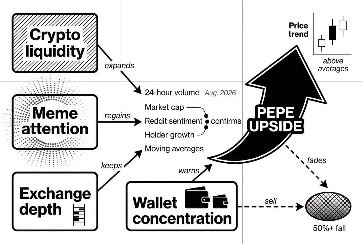 Monochrome infographic showing PEPE upside drivers and risks in Pepe Coin investment analysis