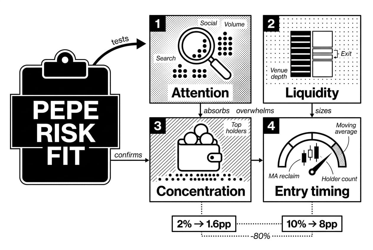 Monochrome Pepe Coin risk-fit checklist showing attention, liquidity, concentration, and entry timing.