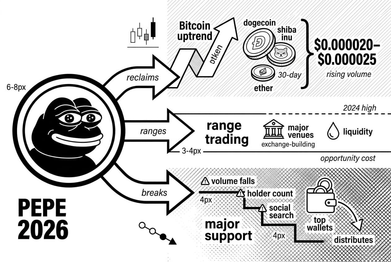Monochrome PEPE 2026 Pepe Coin outlook maps Bitcoin, dogecoin, shiba inu, ether scenarios.