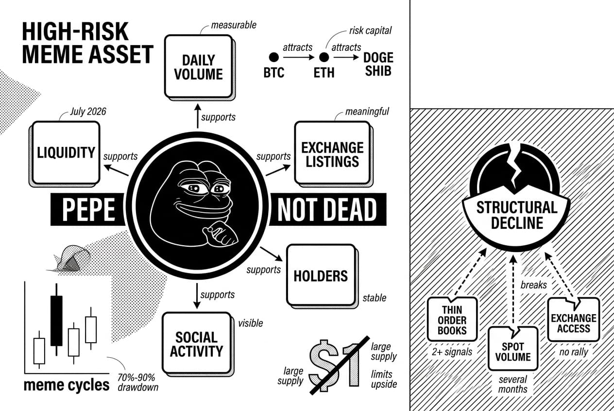 Monochrome PEPE not dead infographic compares risk signals with BTC, ETH, DOGE SHIB flows.