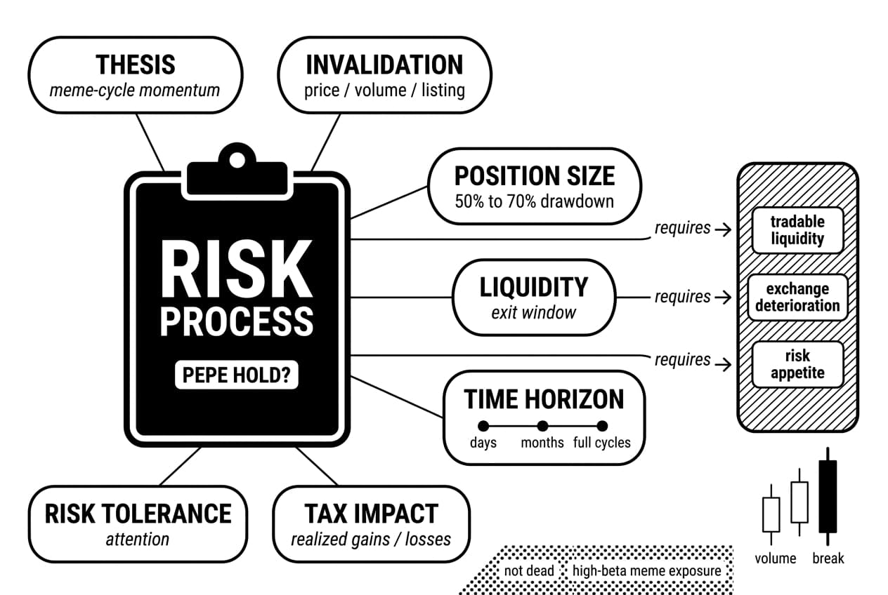 Monochrome PEPE holding risk process diagram with callouts for liquidity, taxes, and tolerance.
