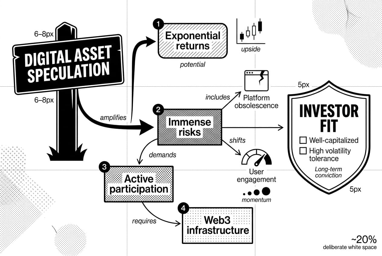 Monochrome flowchart linking digital asset speculation to investor fit, risks, and engagement.