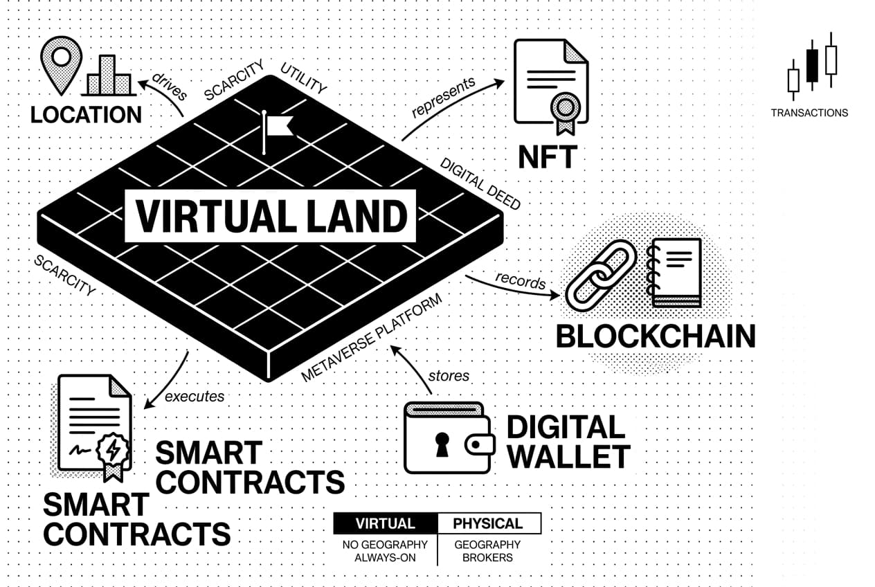 Monochrome infographic showing virtual land parcel tile linked to NFT, blockchain, and wallet callouts.