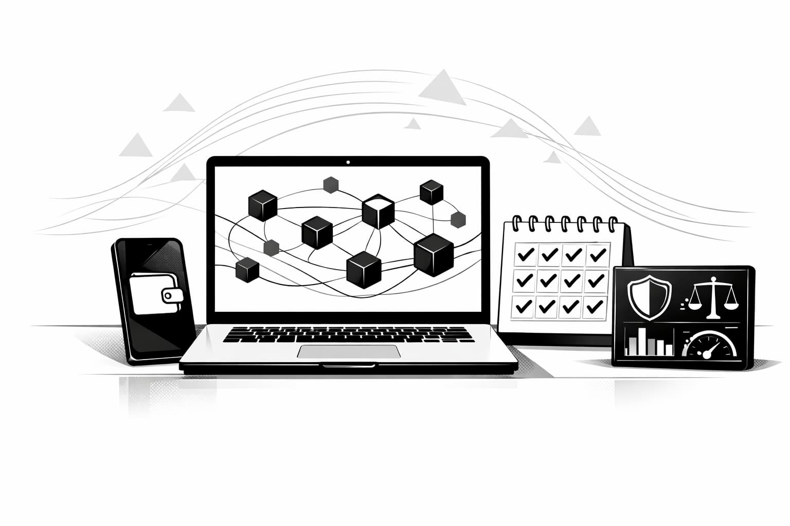 Desk scene showing Layer 2 airdrop farming checklist, wallet, calendar, risk icons