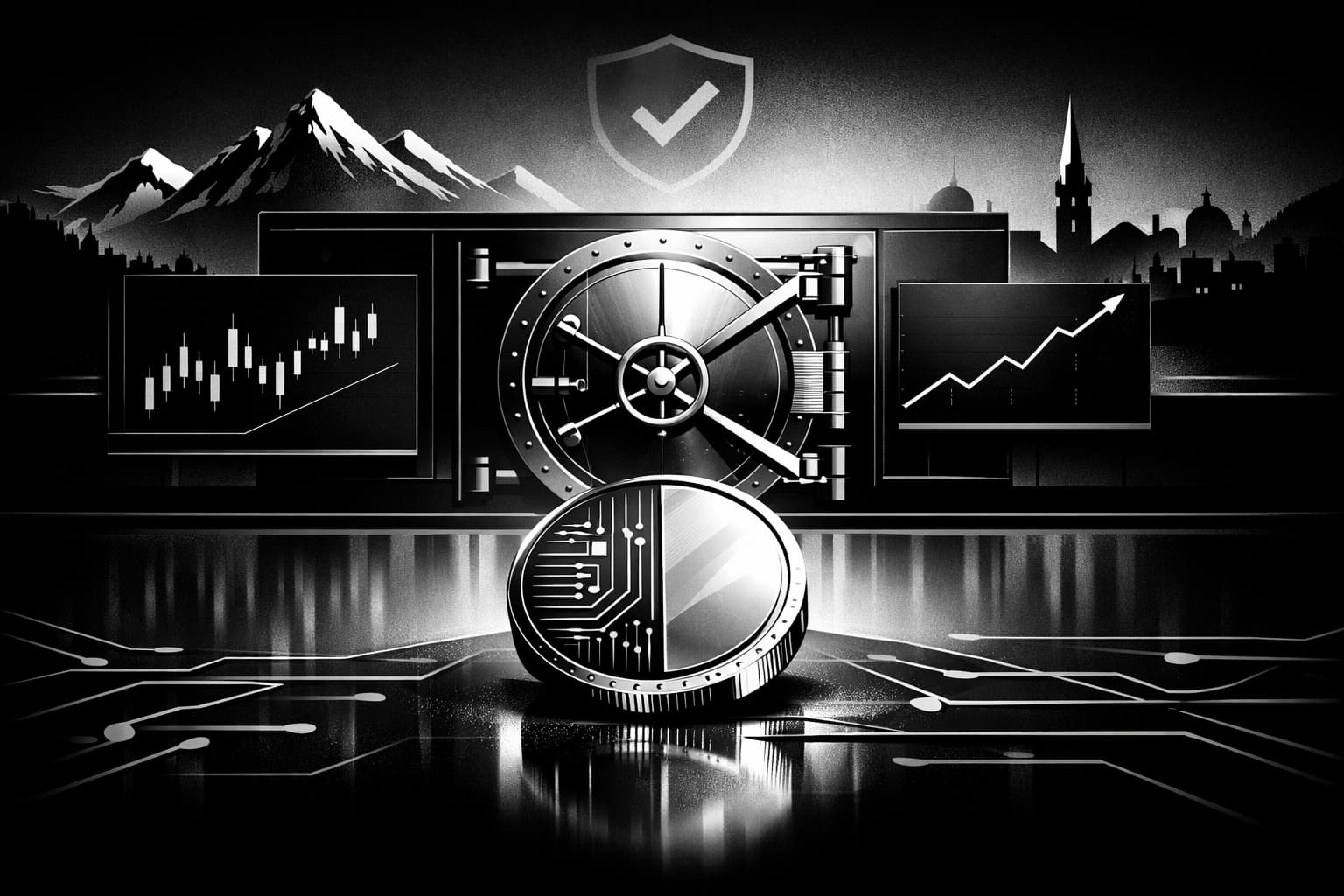 Regulated European crypto exchange concept with token, shield, and market chart visuals