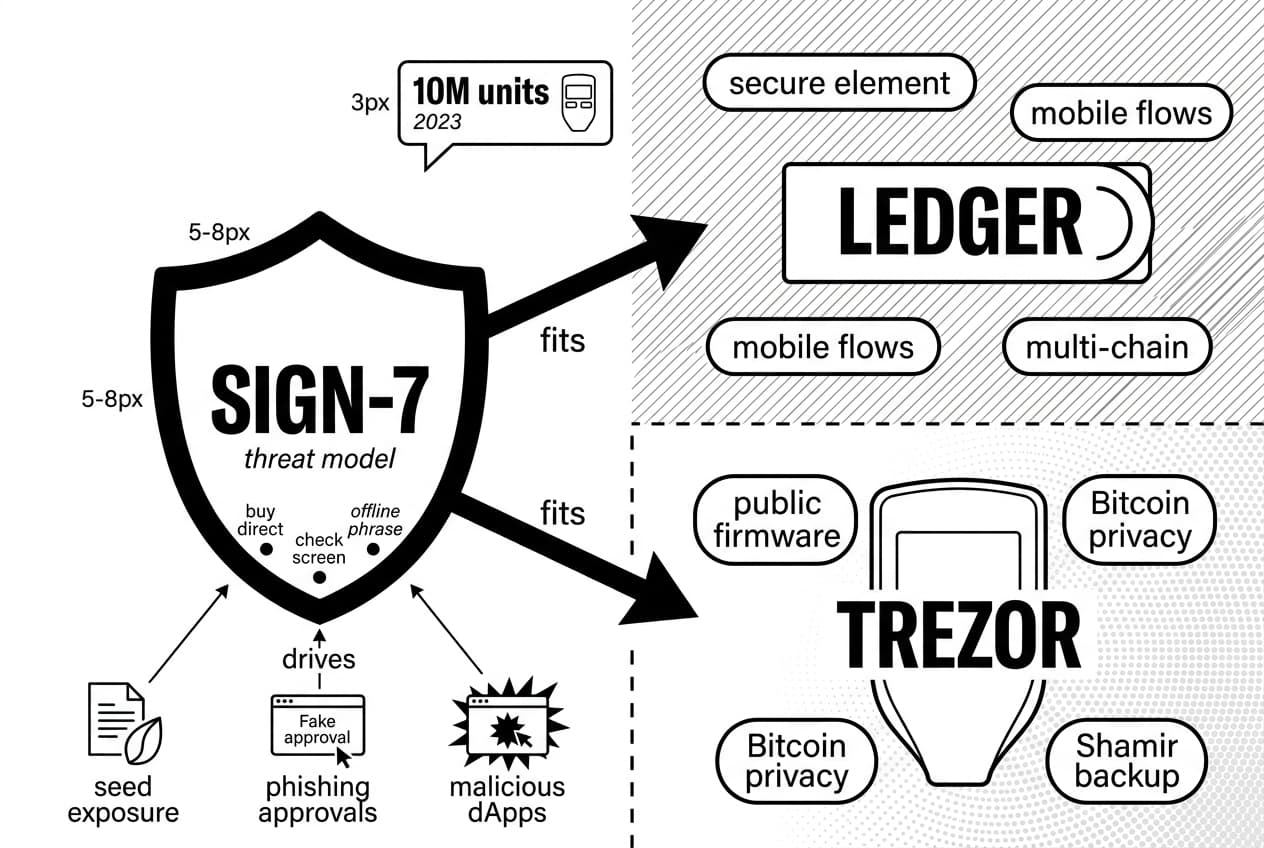 SIGN-7 threat model infographic comparing Ledger and Trezor hardware wallet tradeoffs.