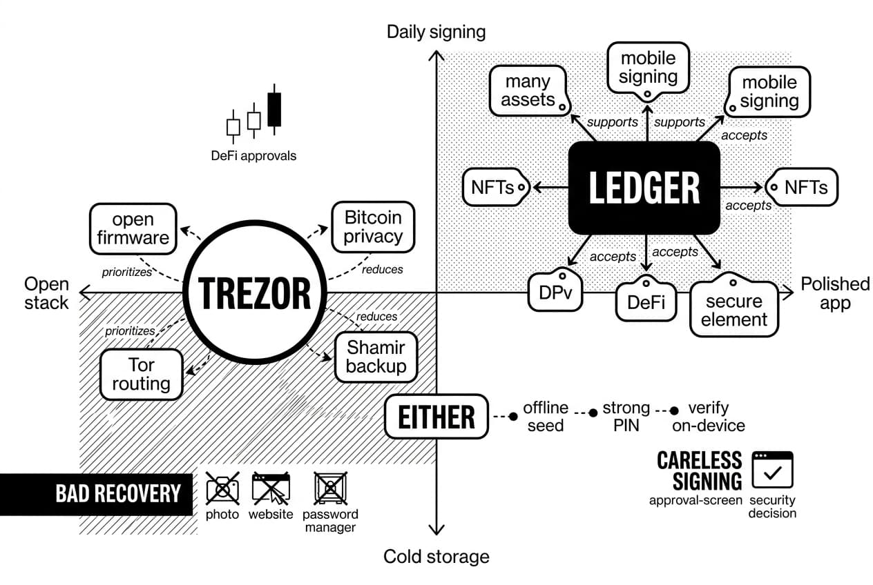 Ledger vs Trezor decision matrix comparing app polish, open stack, and signing safety.