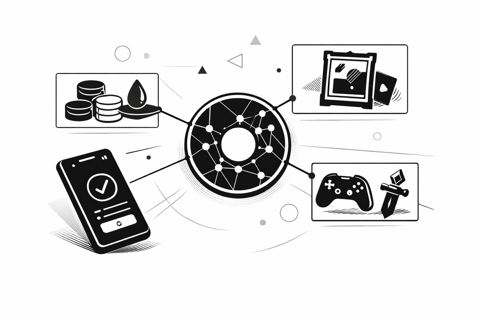 Illustration of Linea ecosystem with DeFi, NFTs, gaming, and wallet connection