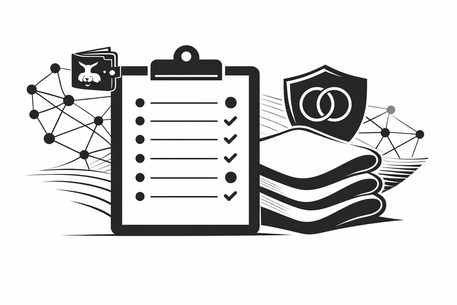 Checklist summary with blockchain nodes, zkEVM rollup layers, and wallet icon
