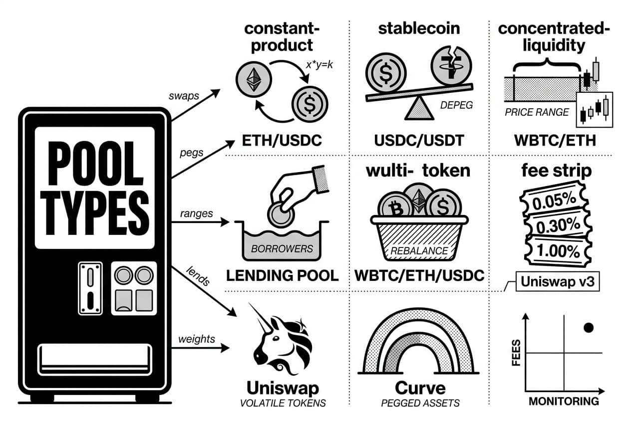 Monochrome DeFi liquidity pool types grid showing Uniswap v3, Uniswap, Curve, ETH/USDC, USDC/USDT, WBTC/ETH, WBTC/ETH/USDC.