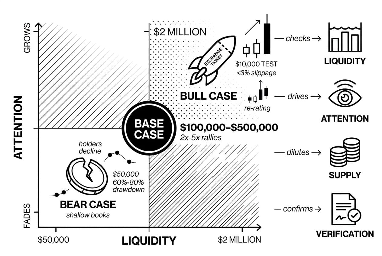Monochrome matrix showing Little Pepe coin price prediction cases by liquidity and attention